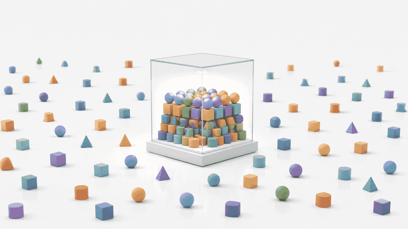A small glass display case holding a dense cluster of coloured geometric shapes, with far more of the same shapes scattered across the floor outside it